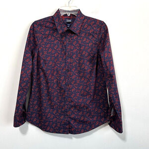 Izod Womens Stretch Blouse M Blue Paisley Tango Red Long Sleeve Preppy Top NEW